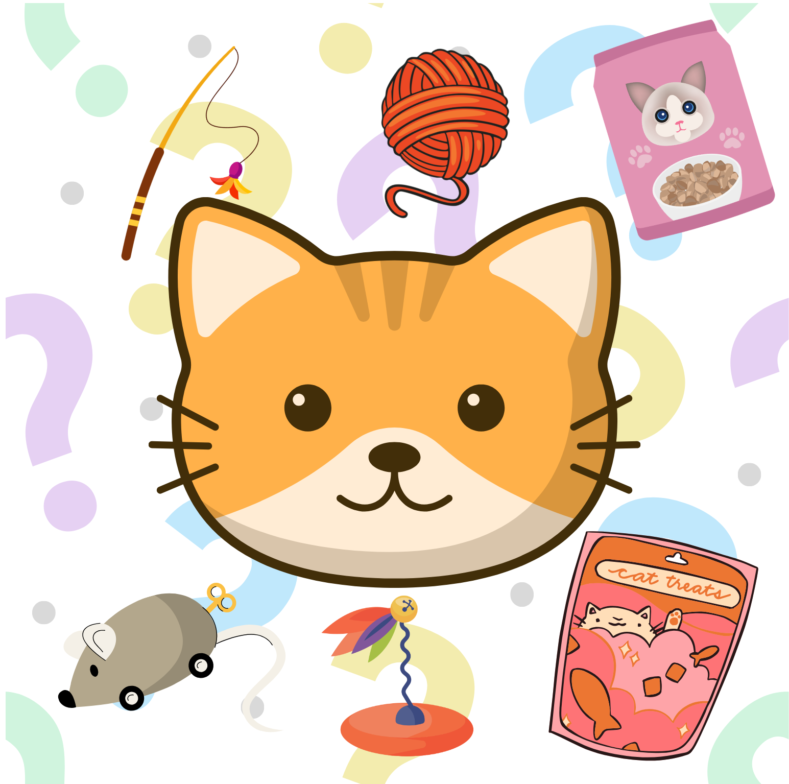 Illustration of a cat face with cat toys and food on a colorful background