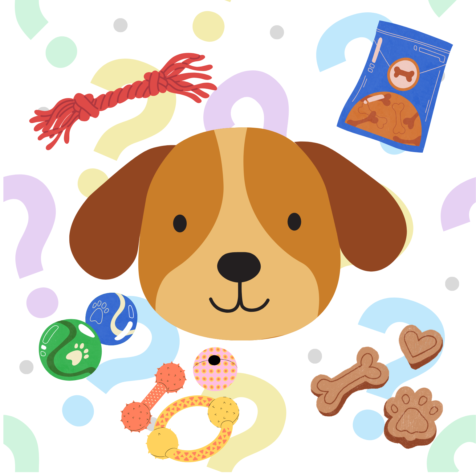 Illustration of a dog with dog toys and treats on a colorful background