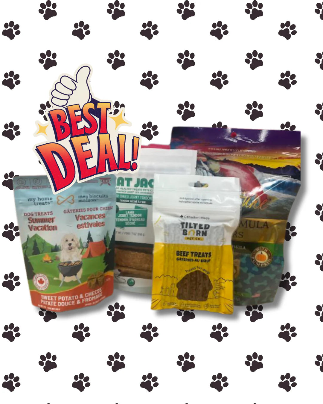 Assorted dog food packages on a white background with black paw prints