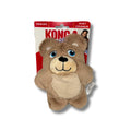 Brown teddy bear toy with blue eyes and a black nose, packaged in a red and white Kong toy box on a white background.