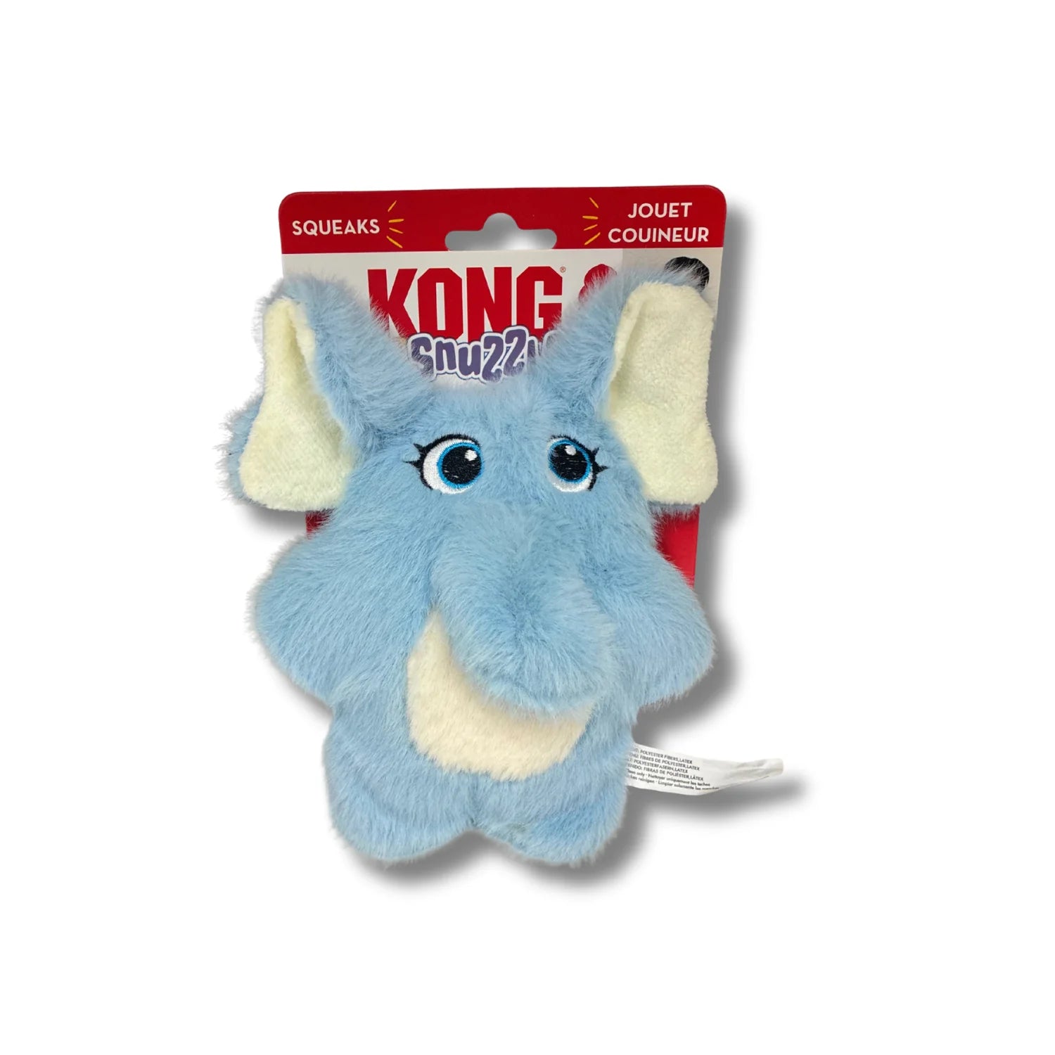 Blue elephant-shaped toy with white accents on a red KONG packaging.