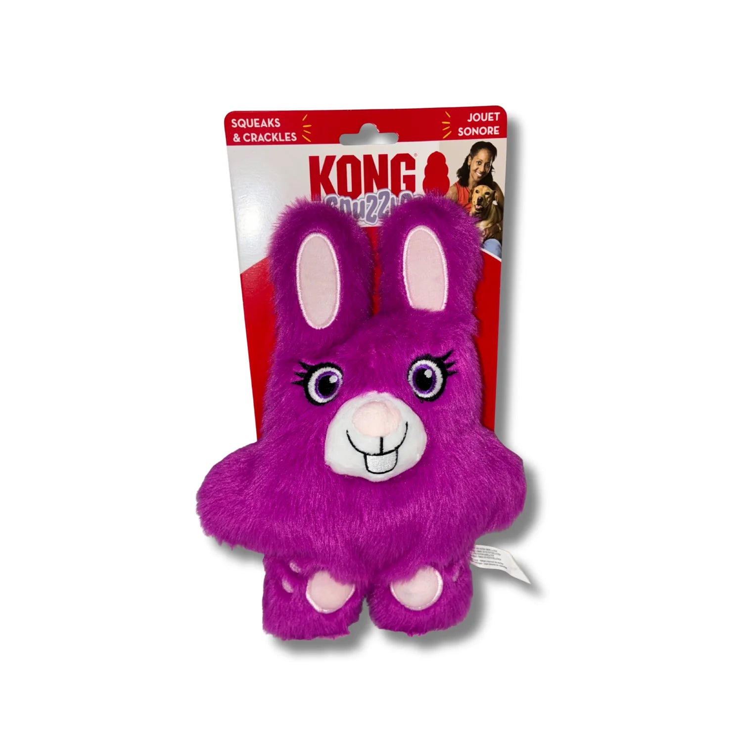 Purple bunny-shaped toy with pink accents in front of a KONG branded package on a white background