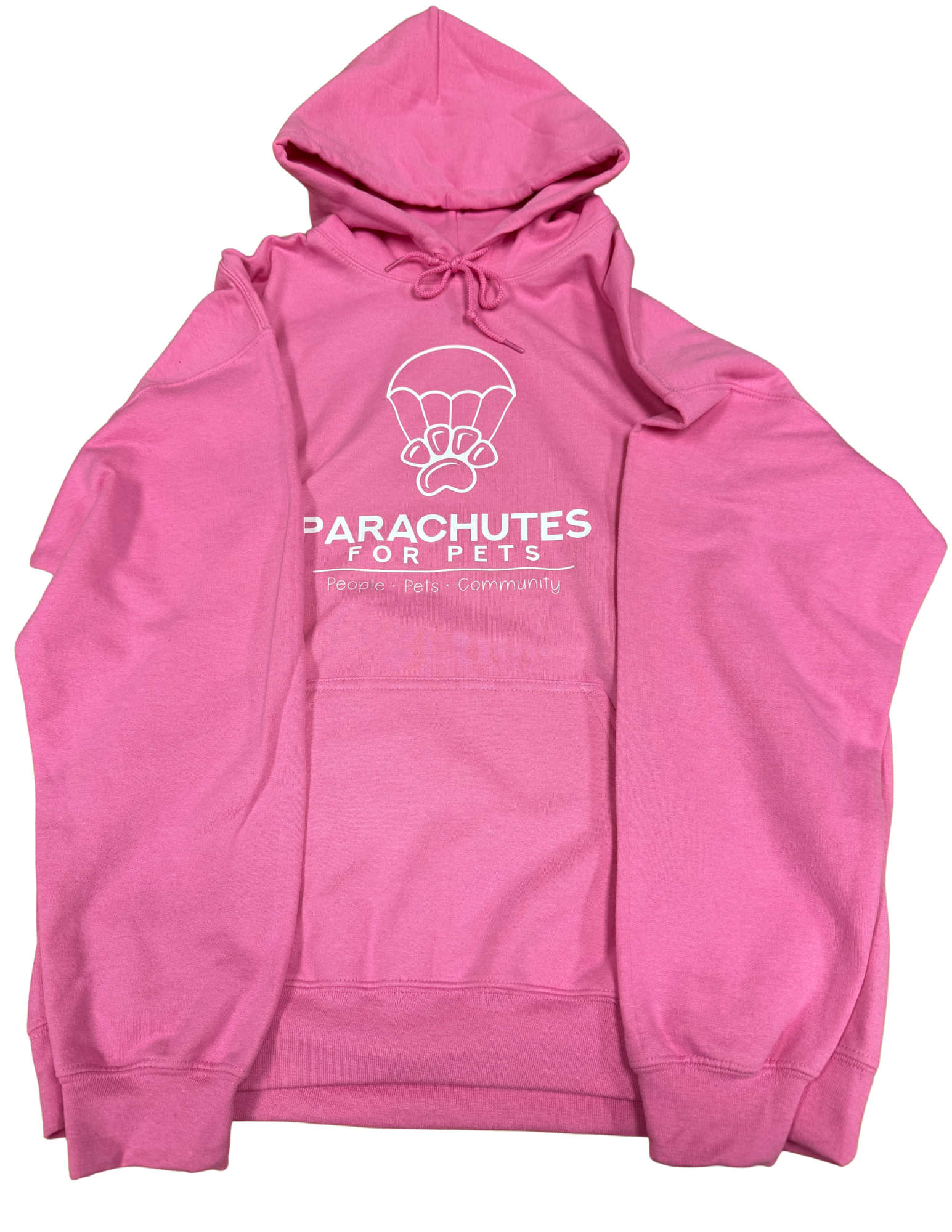 Pink hoodie with 'Parachutes for Pets' logo on a white background