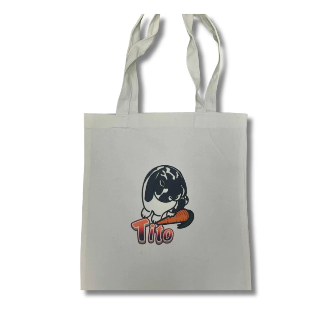Tote bag with a cartoon character and 'Tito' text on a white background