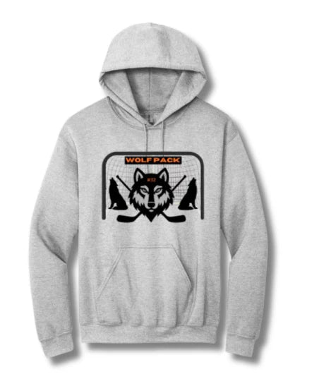 Gray hoodie with wolf pack logo on a white background