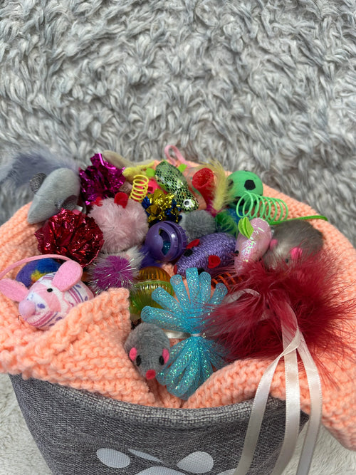 Basket filled with colorful cat toys on a textured surface