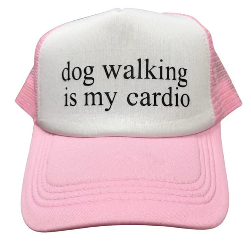 Pink and white cap with 'dog walking is my cardio' text on a white background