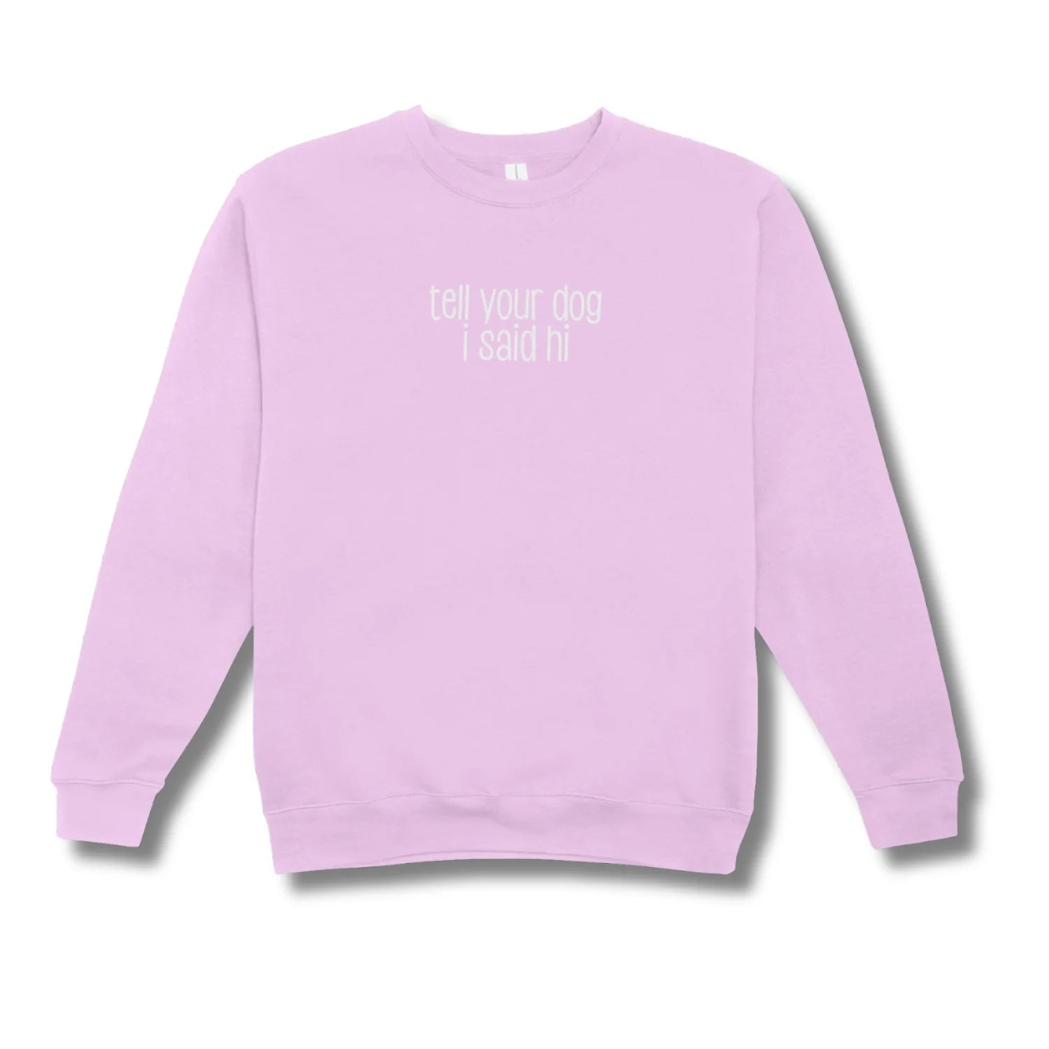 Light purple sweatshirt with text on a white background